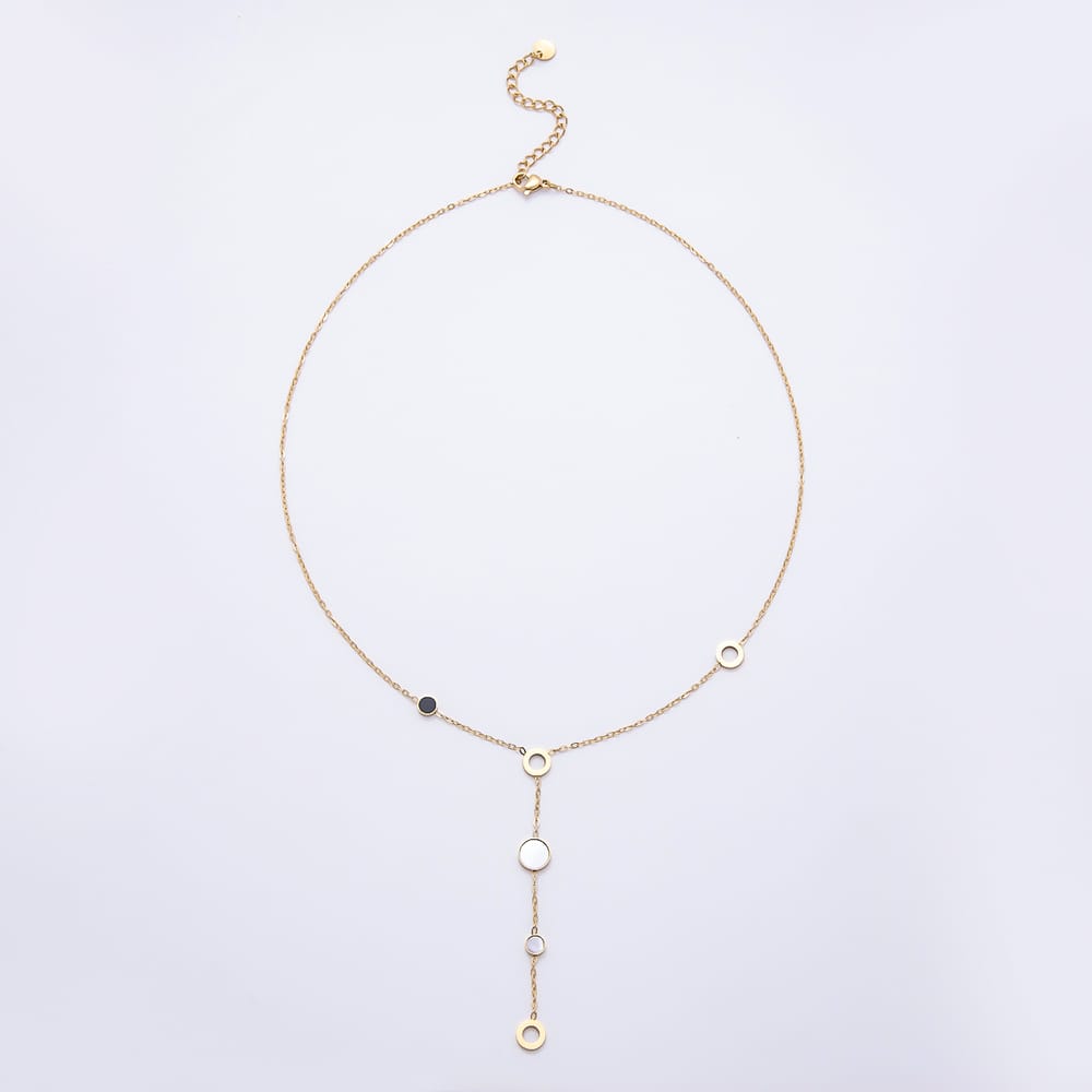 Stainless Steel 5mm Shell Pearl Black Enamel Round Cable Lariat Chain 17.5 Inch Necklace in Gold & Silver | WA-00166 WA-00167