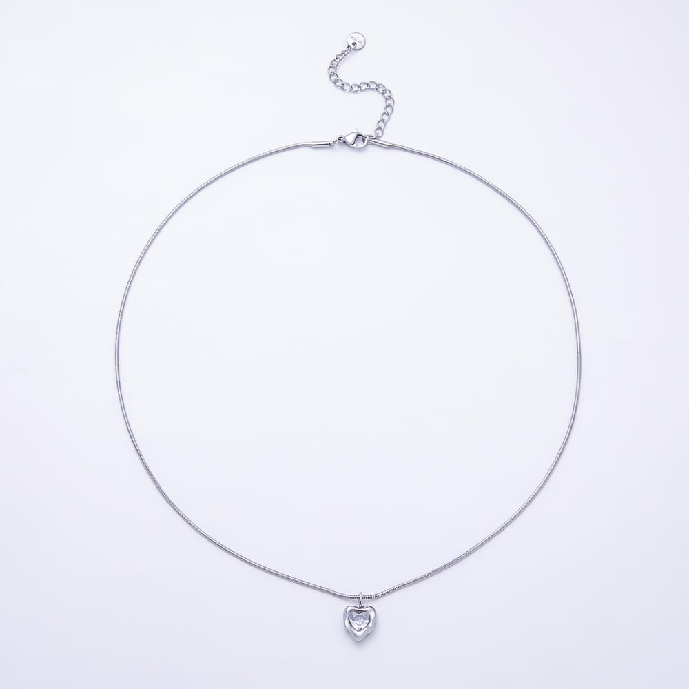 Stainless Steel 15mm Clear CZ Heart Molten Snake Chain 18 Inch Necklace in Gold & Silver | WA-00168 WA-00169