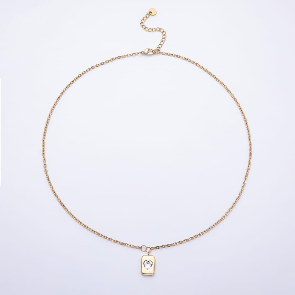 Stainless Steel Clear CZ Heart Tag Rectangle Cable Chain 18 Inch Necklace | WA-00170