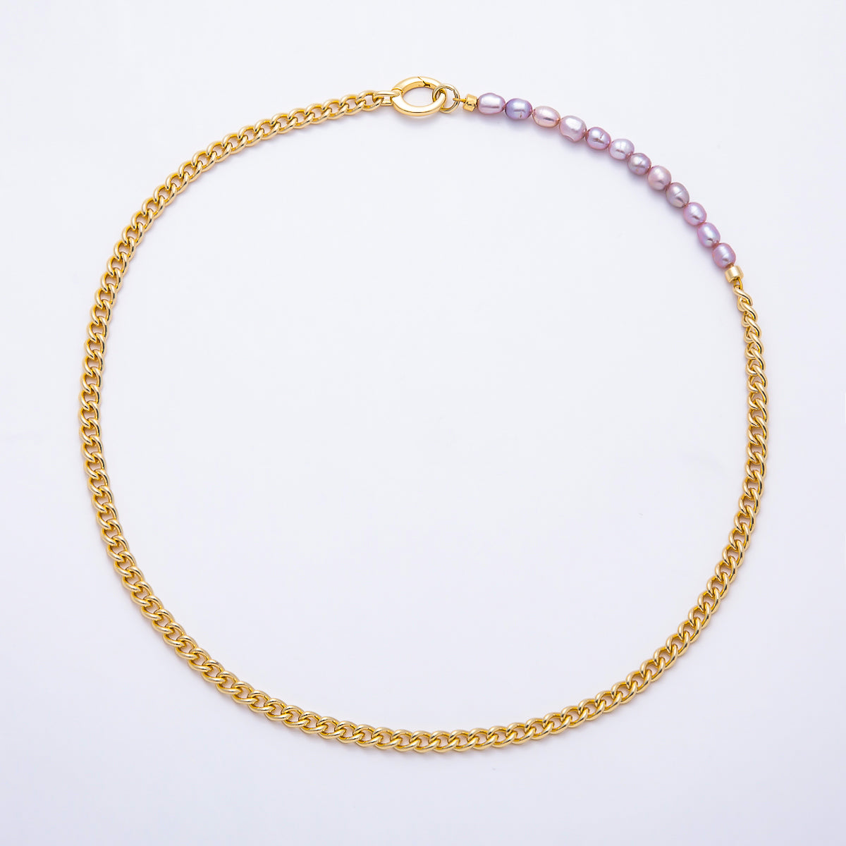 Stainless Steel Gold PVD 3mm Purple Freshwater Pearl Curb Chain 17 Inch Necklace w. Push Gate | WA-00174