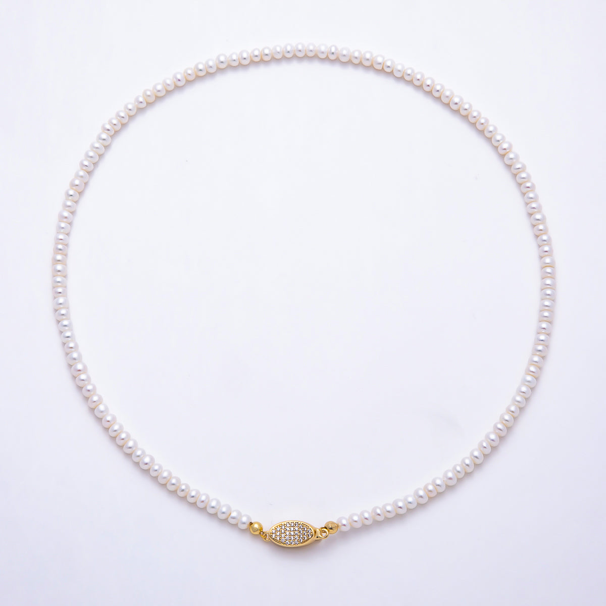 16K Gold Filled 4mm White Rondelle Shell Pearl Gemstone Chain 16 Inch Necklace w. Micro Paved CZ Closure | WA-00175