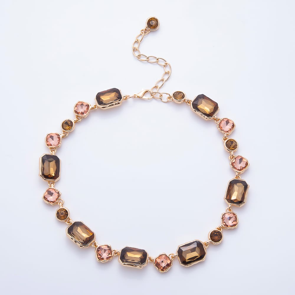 Stainless Steel 16mm Brown, Blue, Green CZ Baguette Round Multifaceted Molten Bezel Gemstone Chain 15.5 Inch Choker Necklace | WA-00176 ~ WA-00178