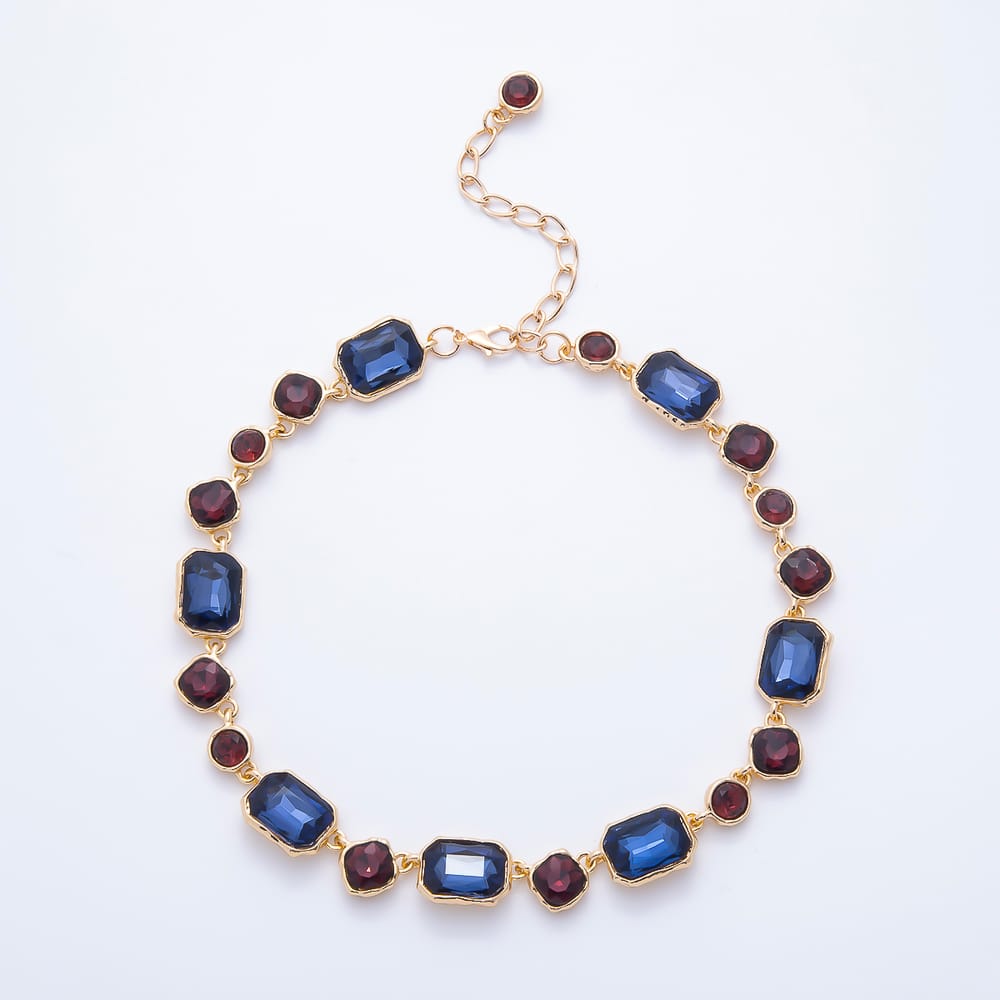 Stainless Steel 16mm Brown, Blue, Green CZ Baguette Round Multifaceted Molten Bezel Gemstone Chain 15.5 Inch Choker Necklace | WA-00176 ~ WA-00178
