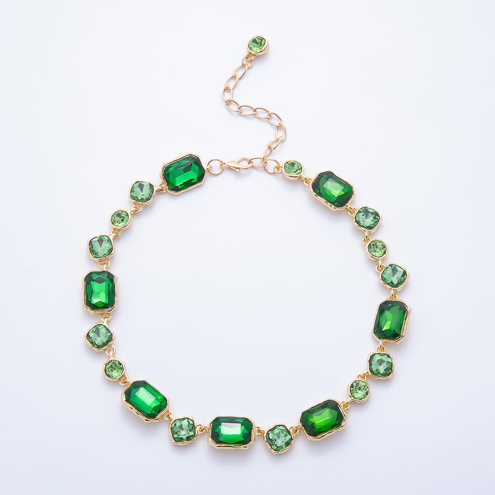 Stainless Steel 16mm Brown, Blue, Green CZ Baguette Round Multifaceted Molten Bezel Gemstone Chain 15.5 Inch Choker Necklace | WA-00176 ~ WA-00178
