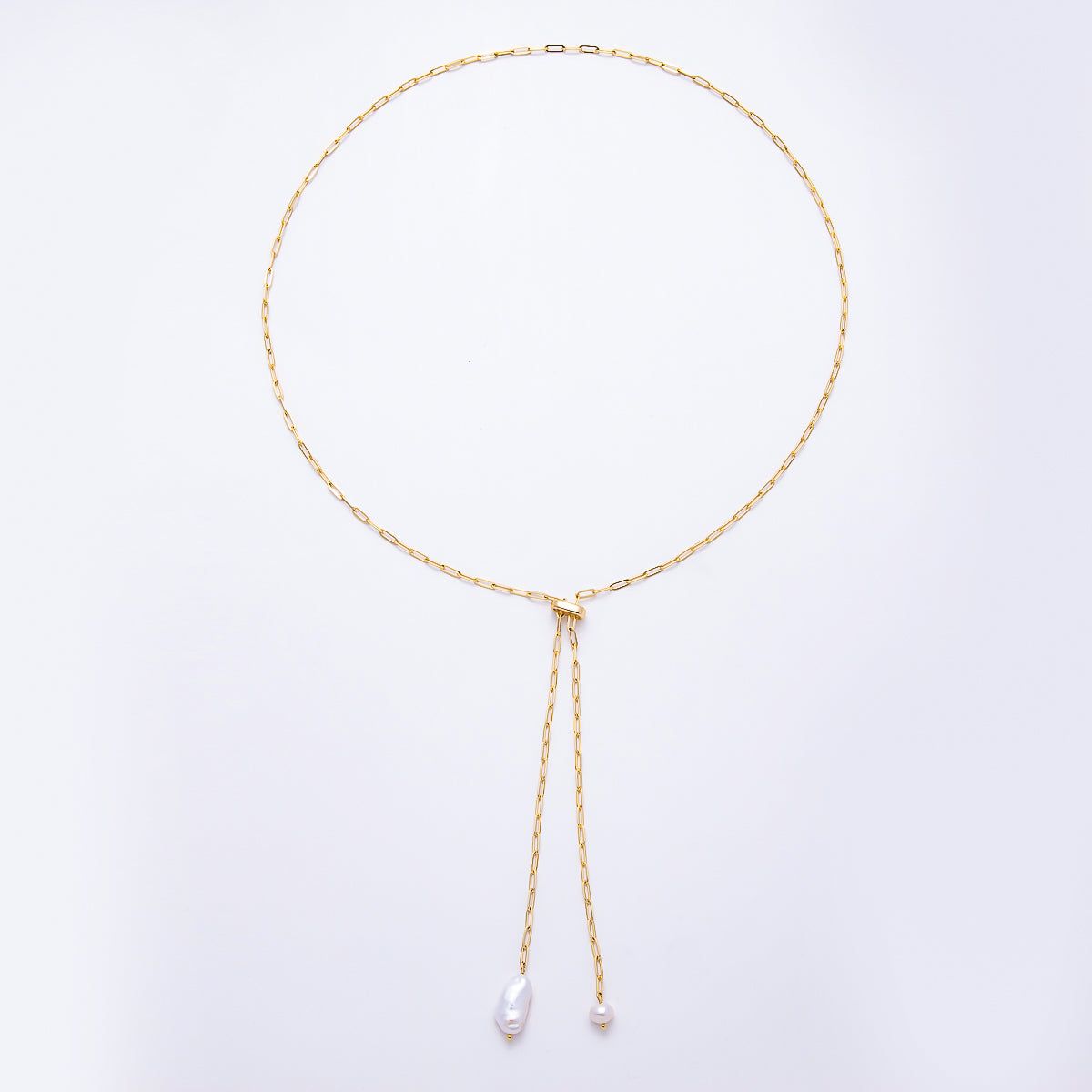 Stainless Steel 2.5mm Double Freshwater Pearl Drop Paperclip Lariat Bolo Chain 16 Inch Necklace | WA-00179