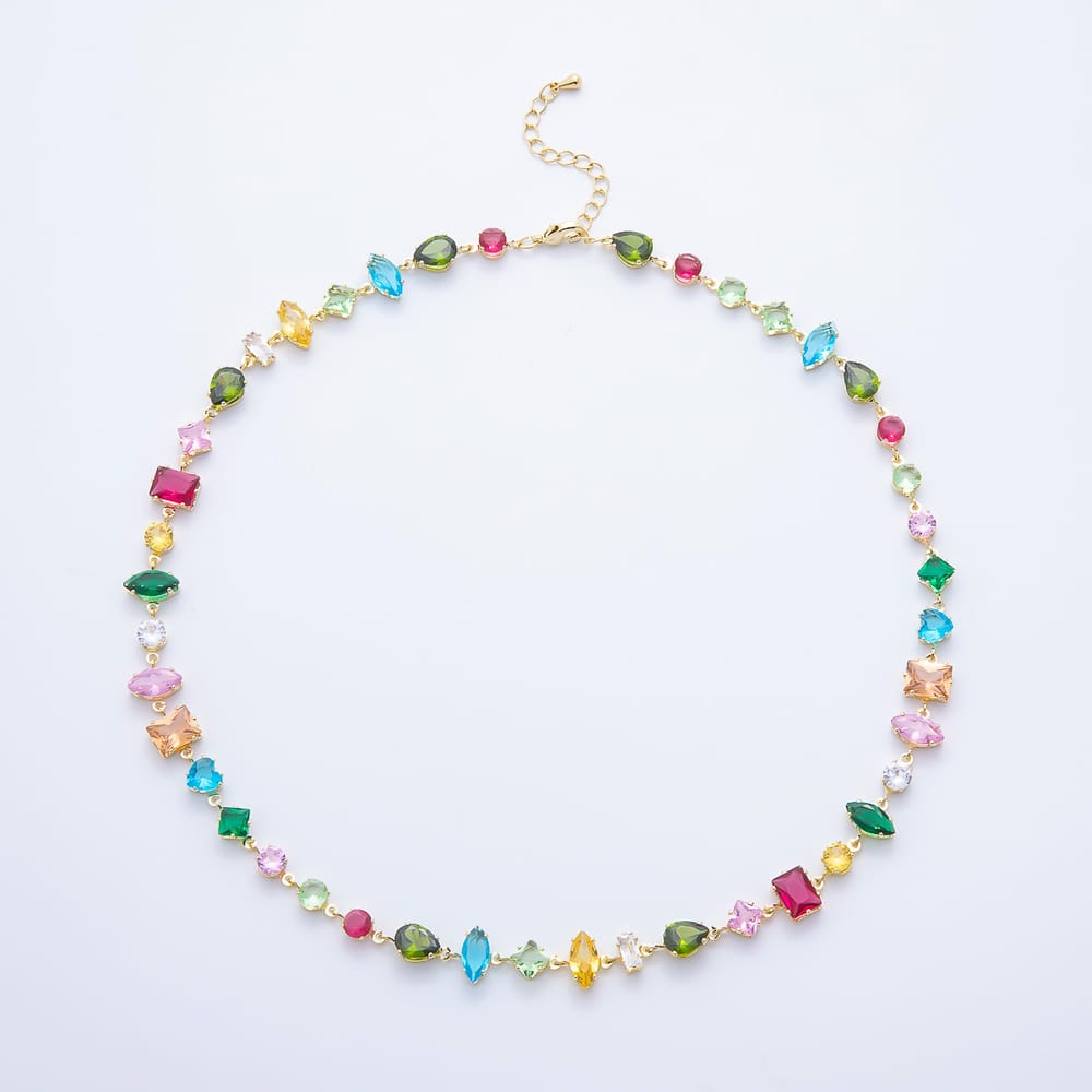 16k Gold Filled 6mm Multicolor Multi Cut CZ Tennis Gemstone Chain 17 Inch Necklace | WA-00181