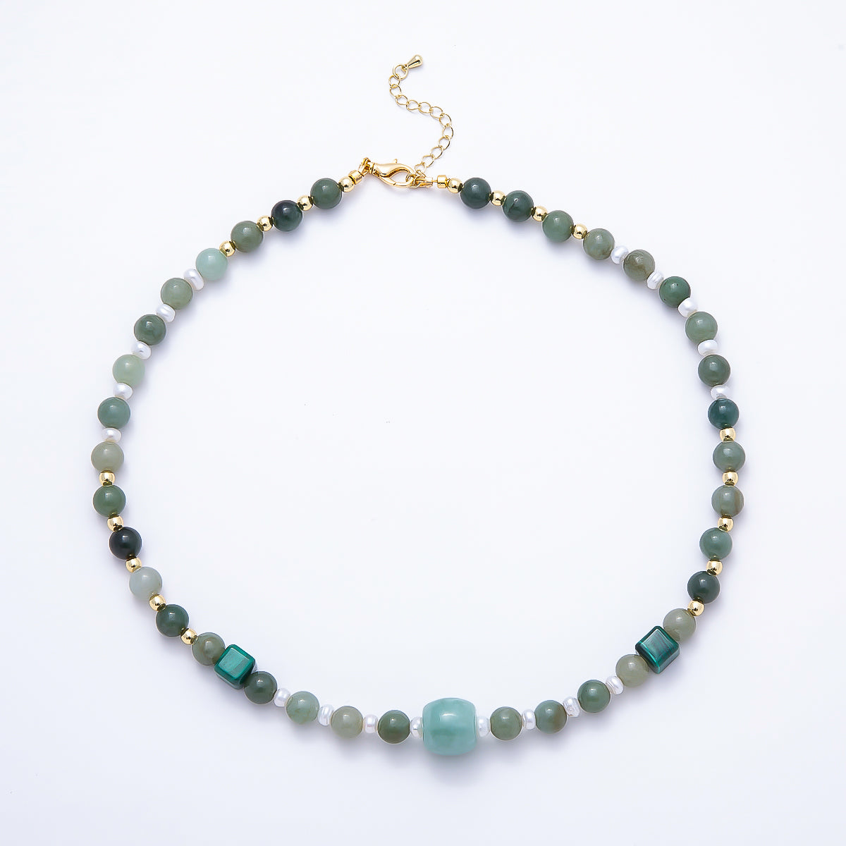 16K Gold Filled Shell Pearl Green Aventurine Malachite Bead Round Gemstone Chain 18 Inch Necklace | WA-00182