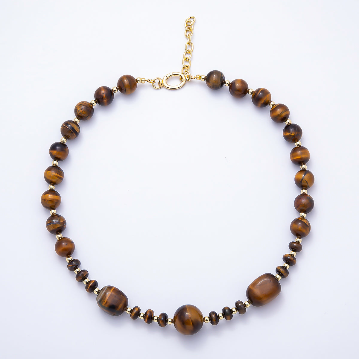 16K Gold Filled 13mm Tiger Eye Round Rondelle Rectangle Gemstone Chain 19 Inch Necklace w. Push Gate | WA-00189