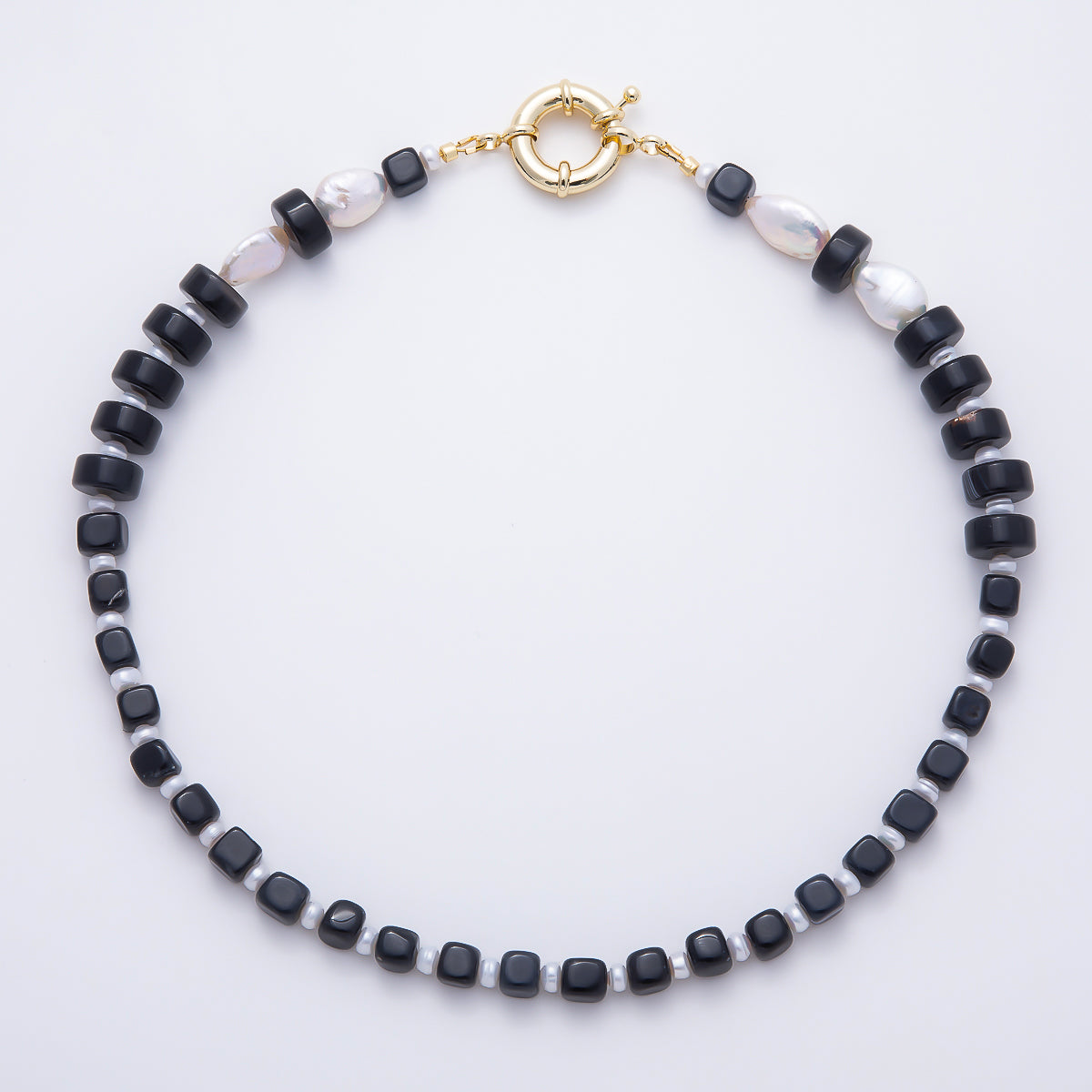 16K Gold Filled Shell Pearl Black Onyx Tube Square Gemstone Chain 19.5 Inch Necklace w. Sailor Clasps | WA-00194