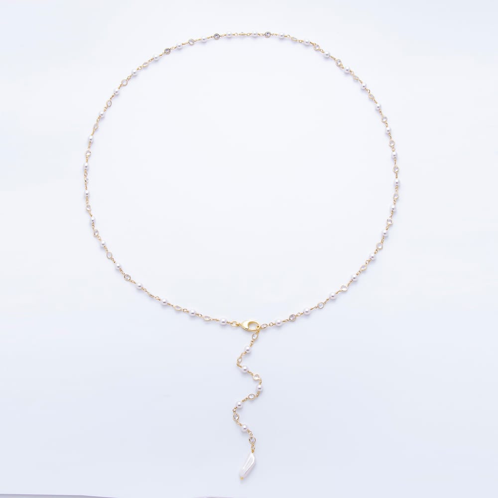 16K Gold Filled 6mm Clear Round CZ White Shell Baroque Pearl Lariat Gemstone 34 Inch Necklace | WA-00210