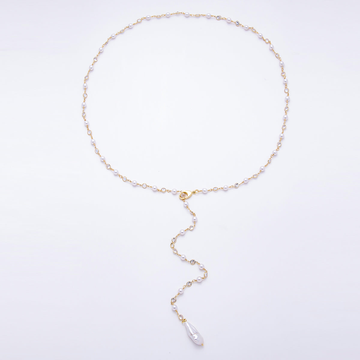 16K Gold Filled 6mm Clear Round CZ White Shell Baroque Pearl Lariat Gemstone 34 Inch Necklace | WA-00210