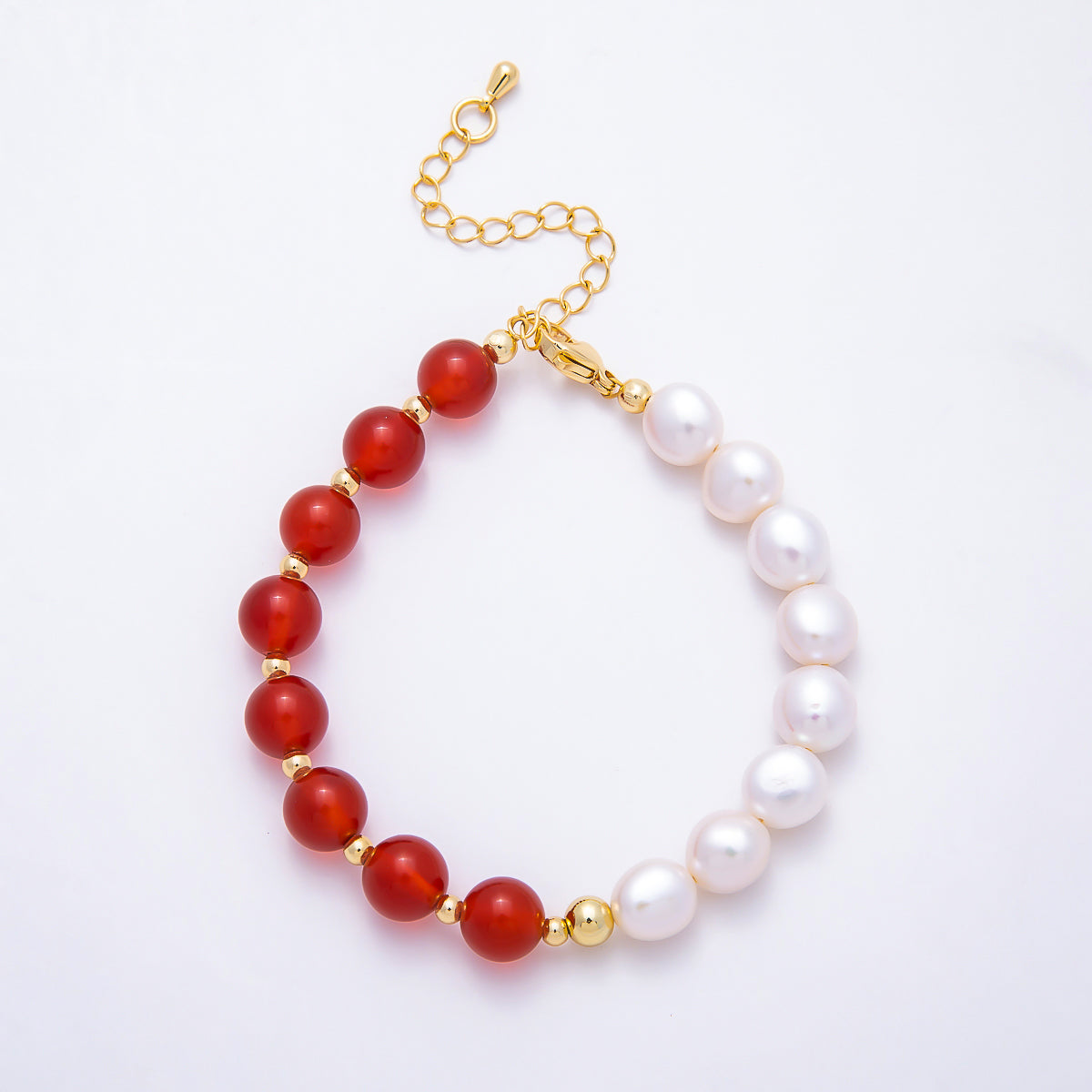 16K Gold Filled 8mm White Freshwater Pearl Carnelian Round Gemstone Chain 7 Inch Bracelet w. Extender | WA-00273