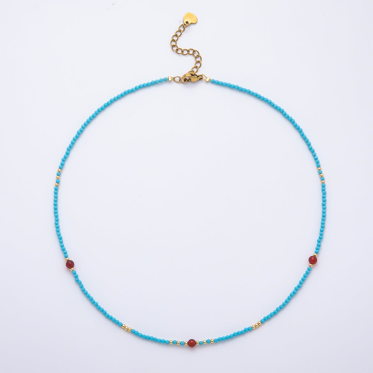 Handmade 2mm Blue Turquoise Red Carnelian Multifaceted Round Bead Gemstone Chain 16 Inch Necklace | WA-00286