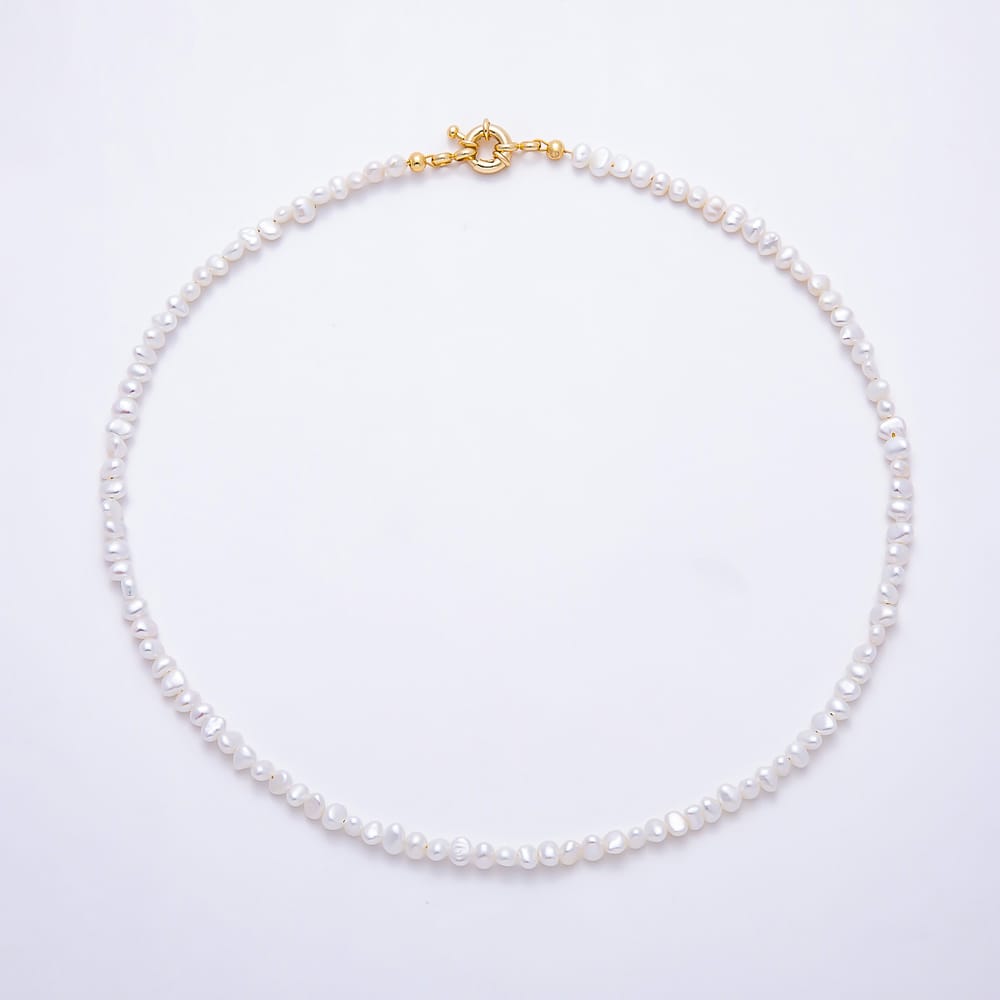 16K Gold Filled 5mm Mini Button Freshwater Pearl Gemstone Chain 16 Inch Necklace w. Sailor Clasps  | WA-00303
