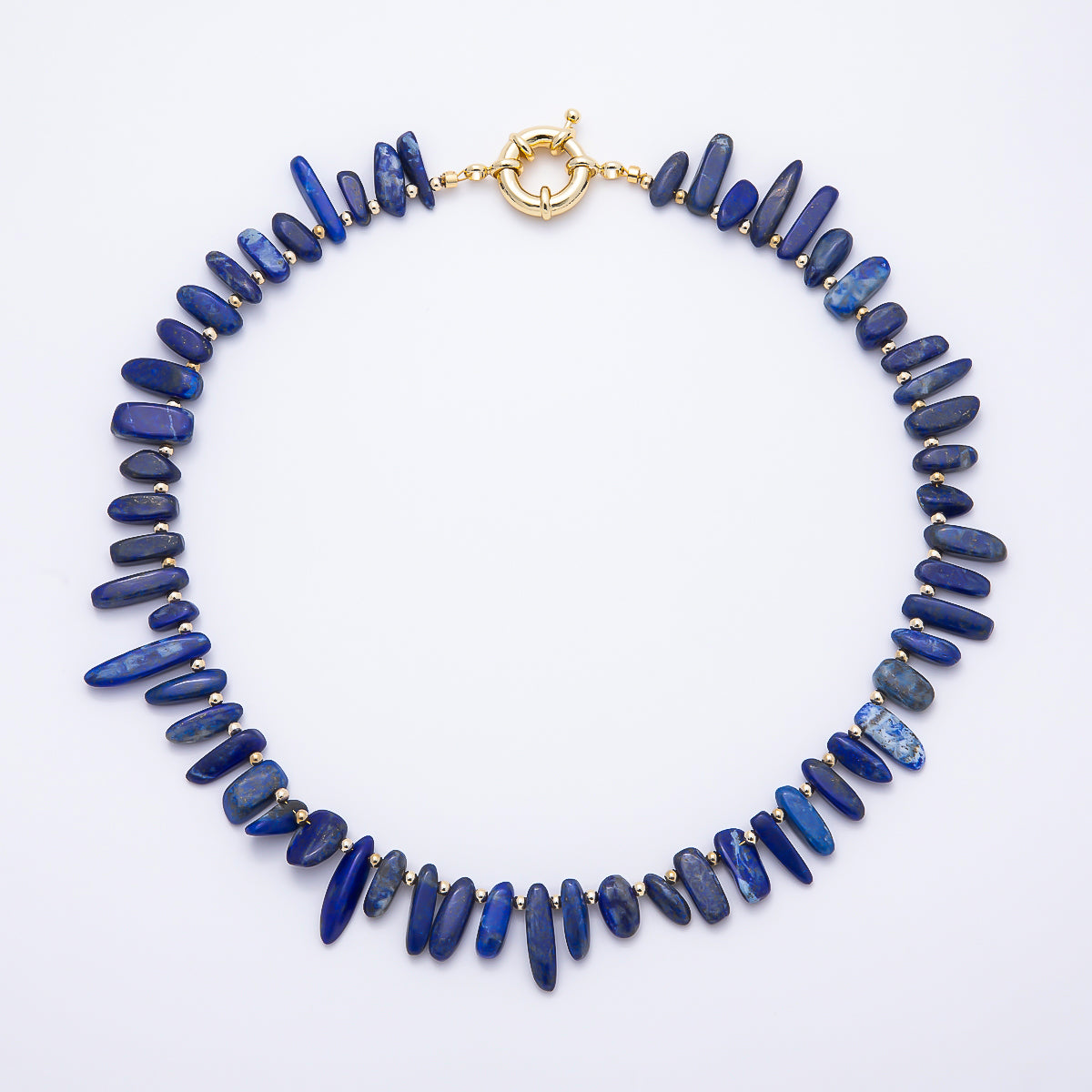 16K Gold Filled 3mm Blue Lapis Lazuli Stick Beaded Statement Gemstone 19 Inch Necklace | WA-00306