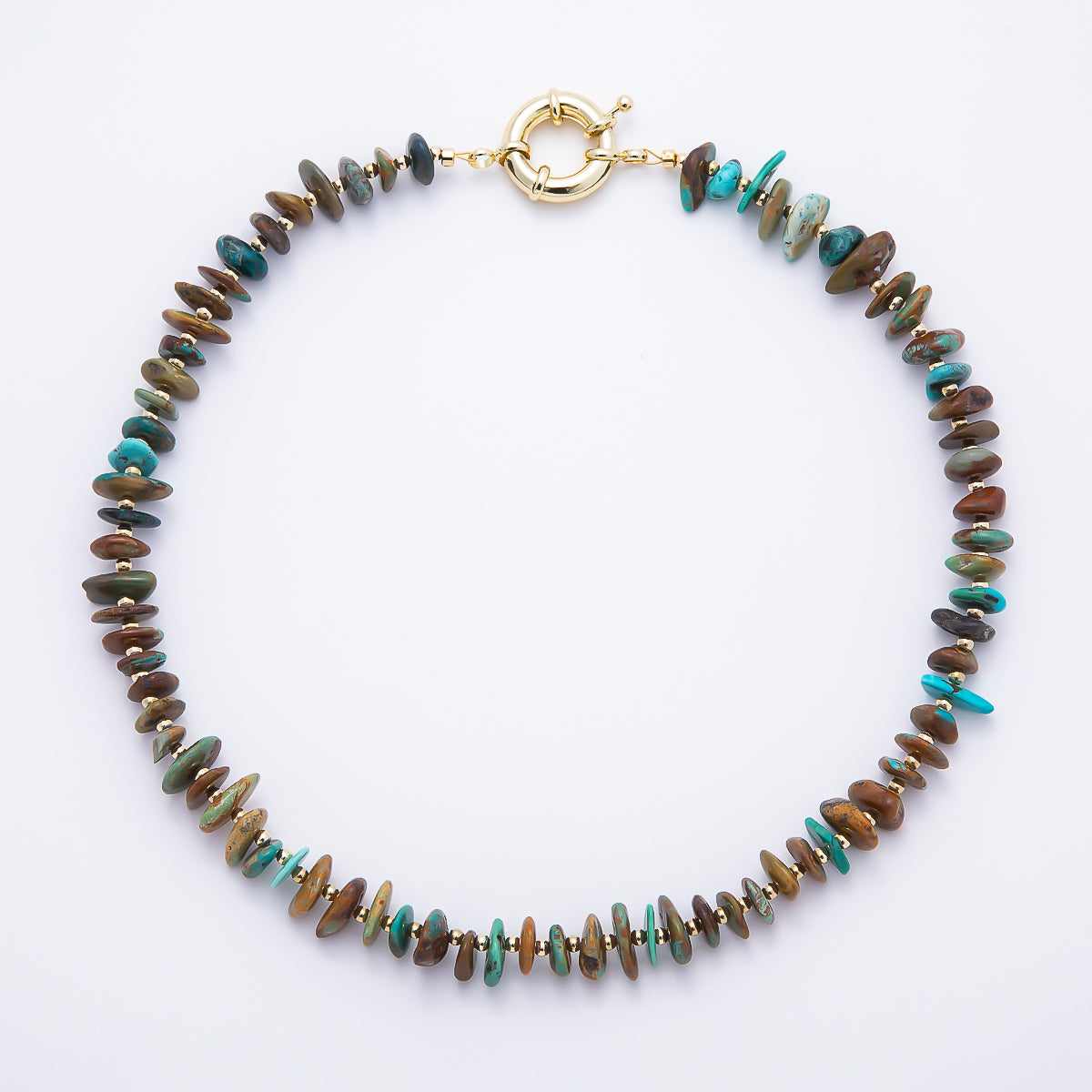 18K Gold Filled 14mm Natural Mixed Turquoise & Boulder Matrix Disc Beaded 19 Inch Necklace | WA-00310