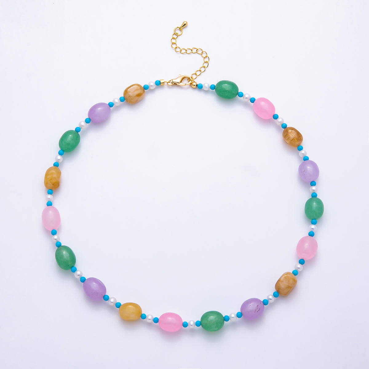18K Gold Filled 10mm Multicolor Oval Candy Gemstone & Pearl Bead 17 Inch Choker Necklace | WA-00311