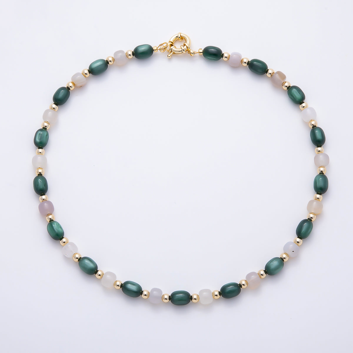 16K Gold Filled 8mm Dark Green Oval Pearl & Milky Quartz Beaded Gemstone 17 Inch Choker Necklace | WA-00312