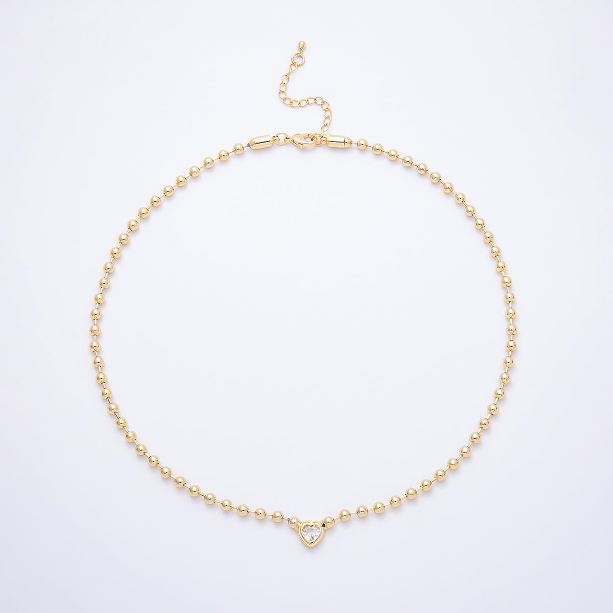 16K Gold Filled 9mm Mini Heart CZ Minimalist Ball Chain 18 Inch Necklace | WA-00318