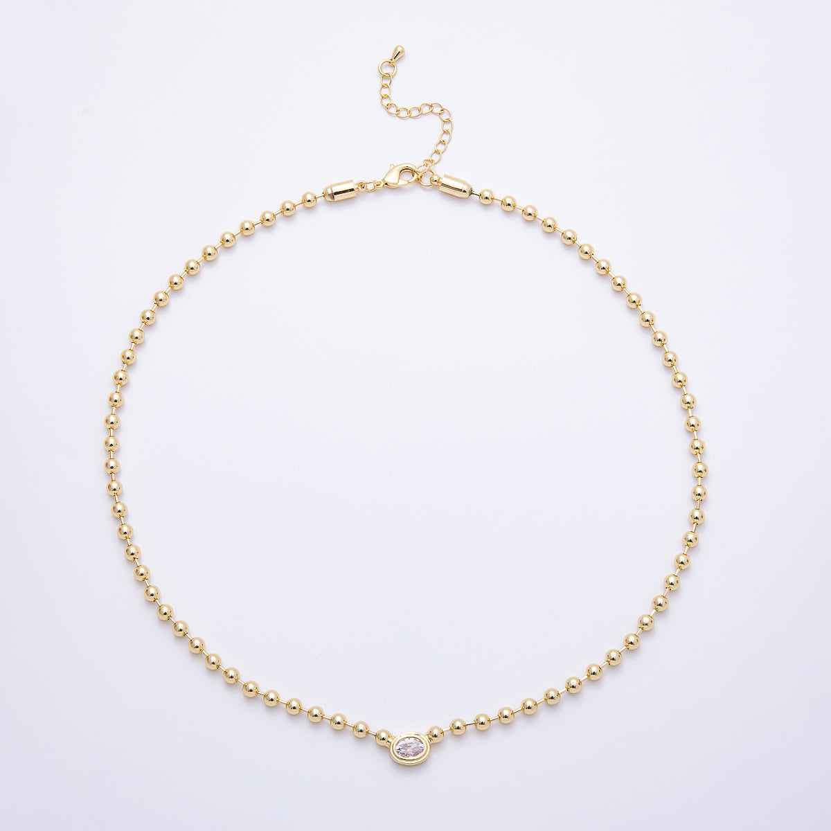 16K Gold Filled 10mm Oval Bezel CZ Minimalist Ball Chain 18 Inch Necklace | WA-00320