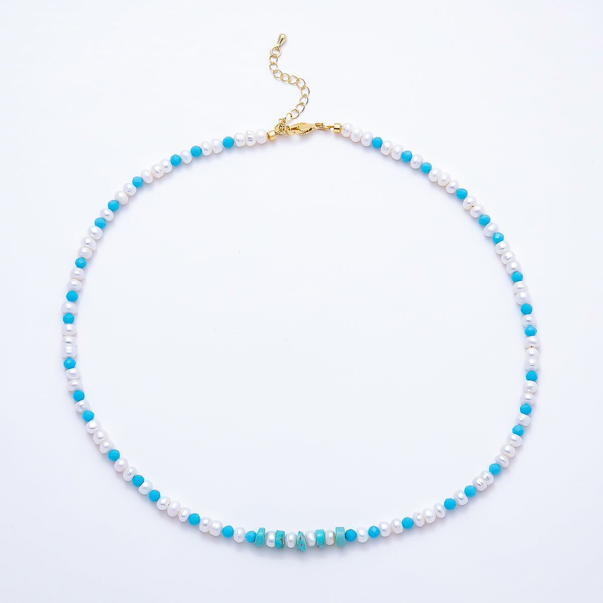16K Gold Filled 5.5mm Blue Turquoise Shell Pearl Button Gemstone Chain 18 Inch Necklace | WA-00325