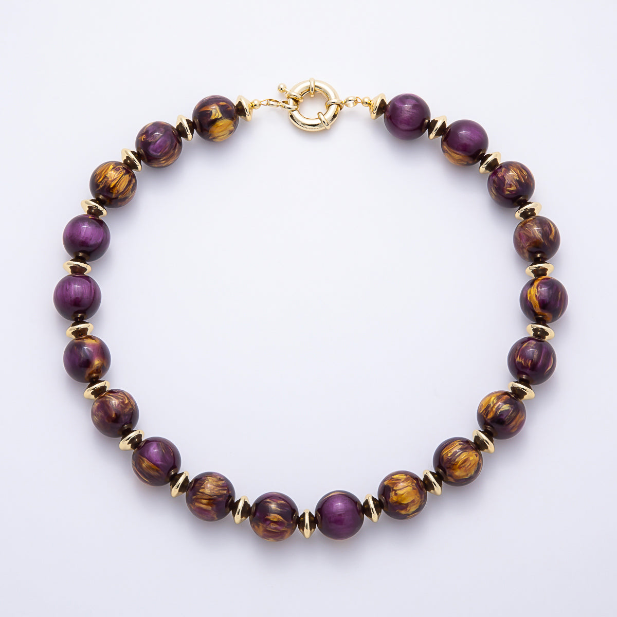 16K Gold Filled 16mm Colorful Swirl Marbled Natural Gemstone Beads 19Inch Necklace | WA-00335