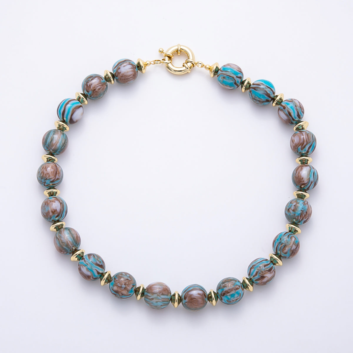 16K Gold Filled 16mm Colorful Swirl Marbled Natural Gemstone Beads 19Inch Necklace | WA-00335