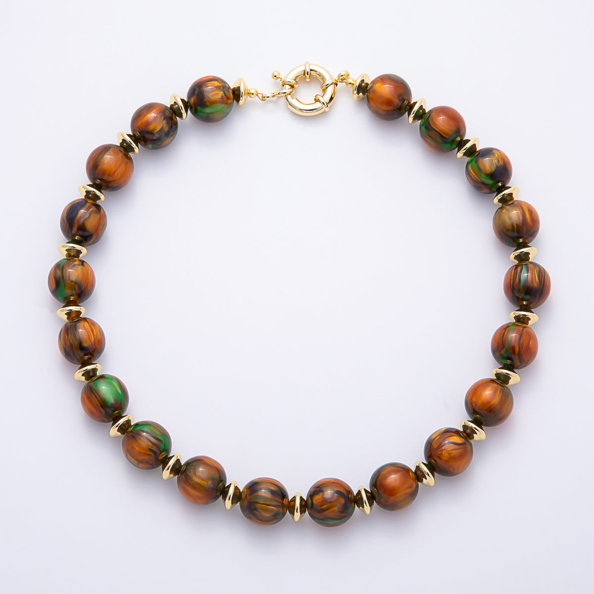 16K Gold Filled 16mm Colorful Swirl Marbled Natural Gemstone Beads 19Inch Necklace | WA-00335