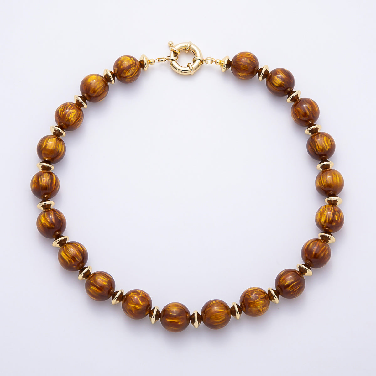 16K Gold Filled 16mm Colorful Swirl Marbled Natural Gemstone Beads 19Inch Necklace | WA-00335