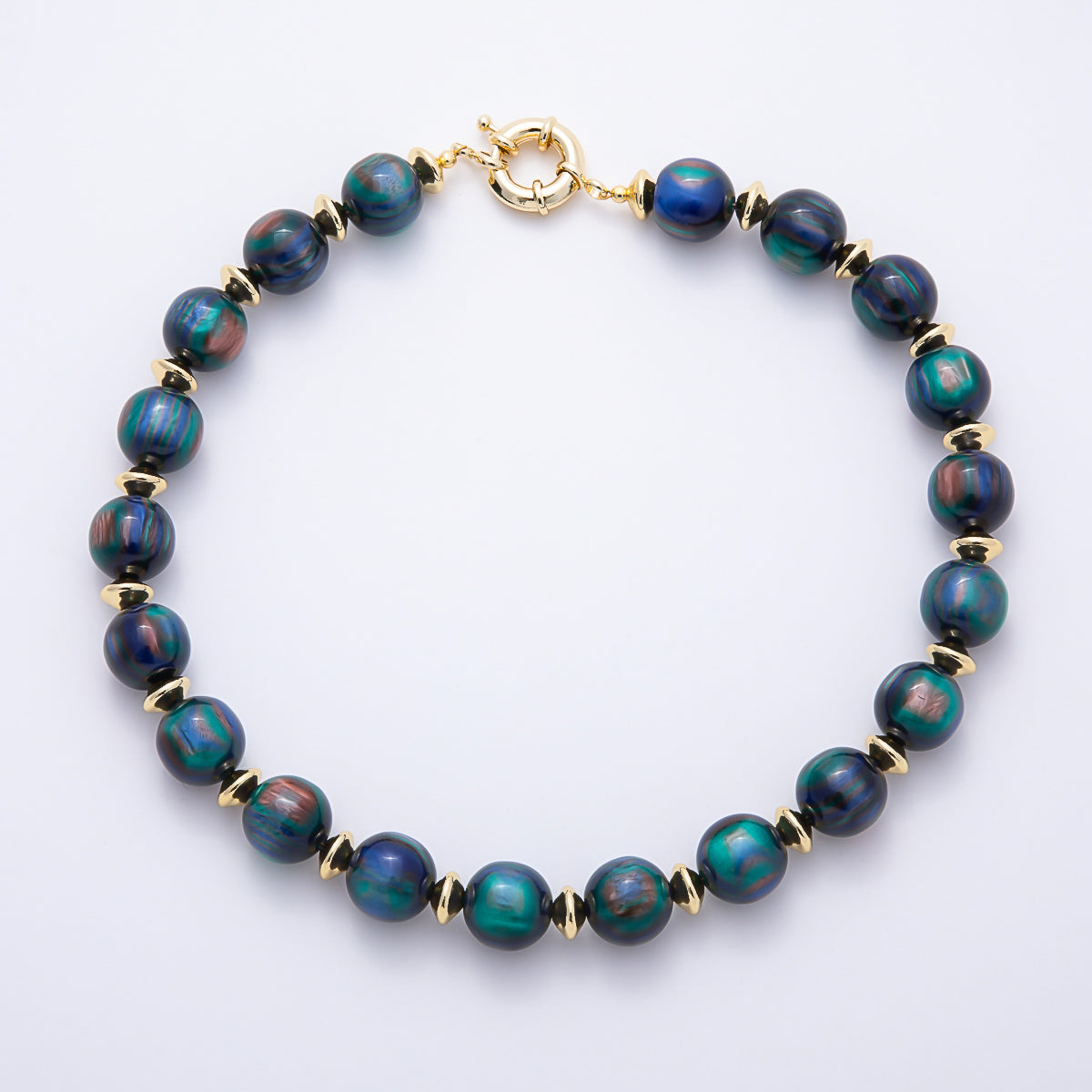 16K Gold Filled 16mm Colorful Swirl Marbled Natural Gemstone Beads 19Inch Necklace | WA-00335