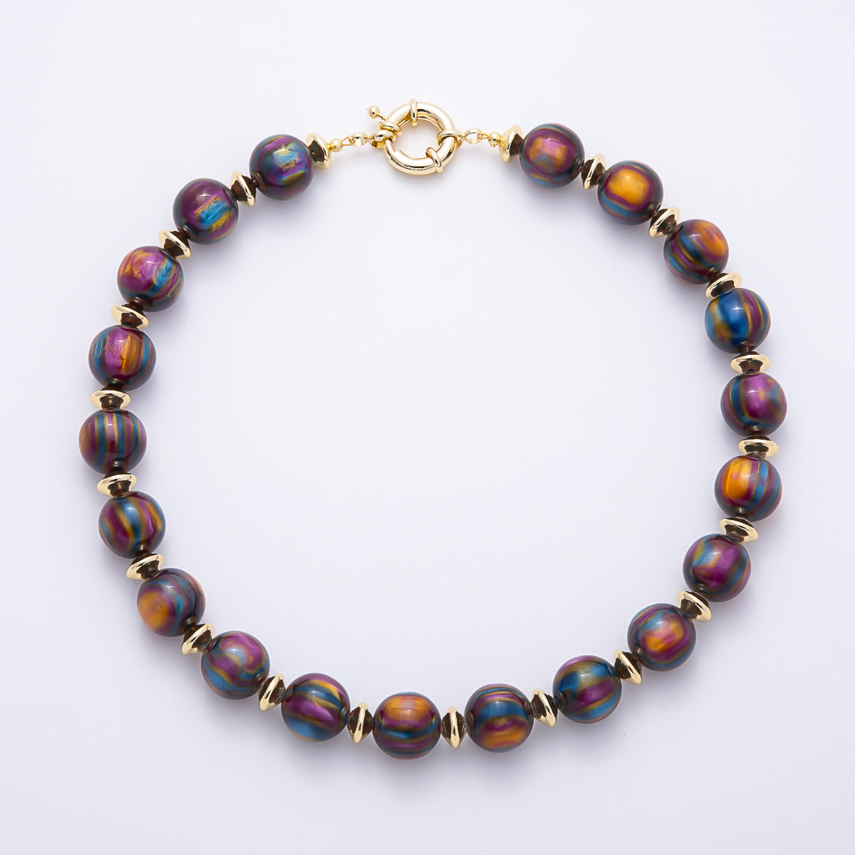 16K Gold Filled 16mm Colorful Swirl Marbled Natural Gemstone Beads 19Inch Necklace | WA-00335