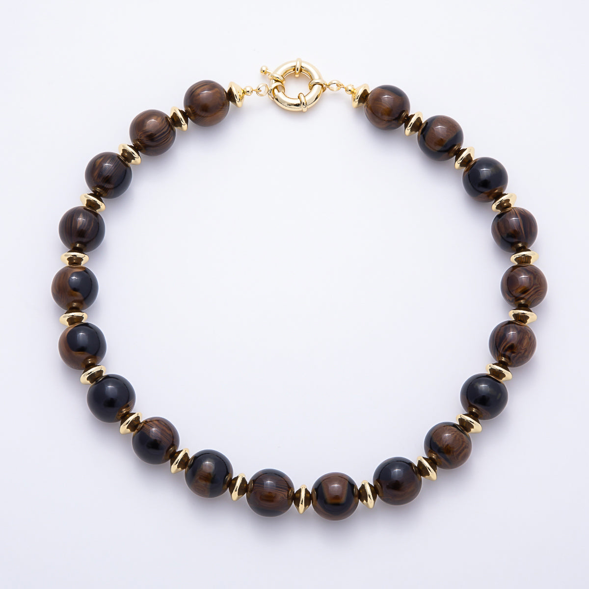 16K Gold Filled 16mm Colorful Swirl Marbled Natural Gemstone Beads 19Inch Necklace | WA-00335