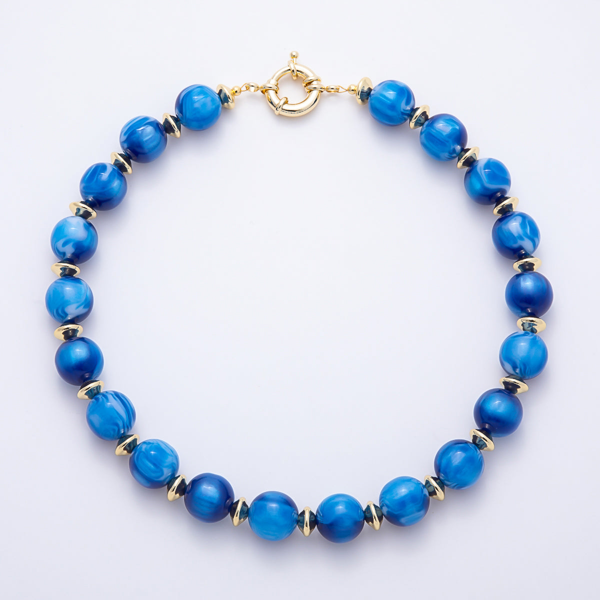 16K Gold Filled 16mm Colorful Swirl Marbled Natural Gemstone Beads 19Inch Necklace | WA-00335