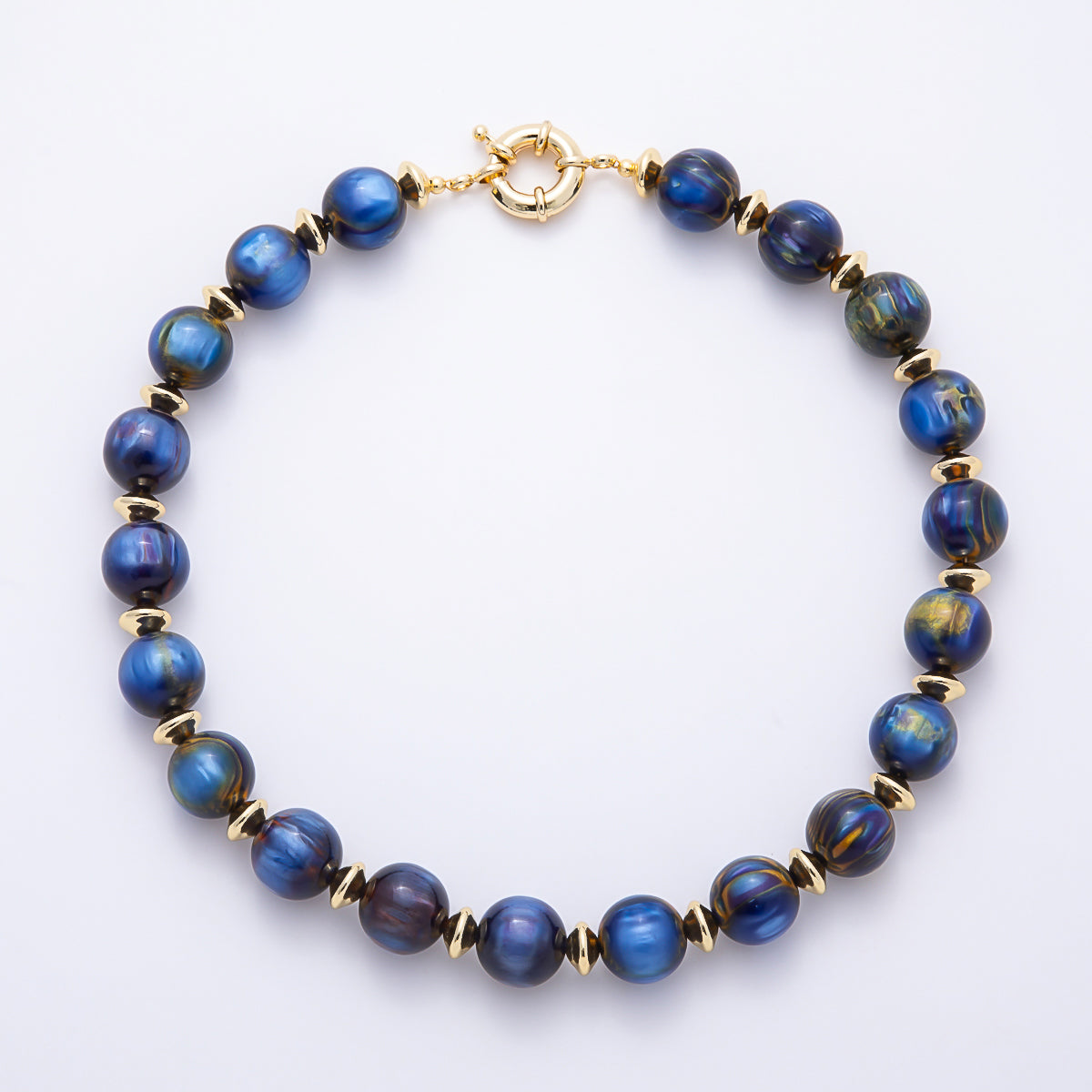 16K Gold Filled 16mm Colorful Swirl Marbled Natural Gemstone Beads 19Inch Necklace | WA-00335
