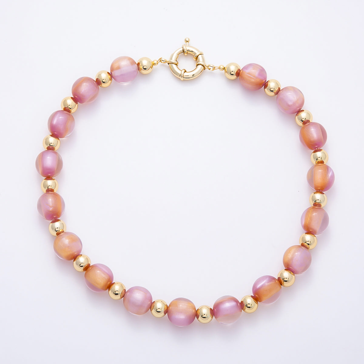 16K Gold Filled 16mm Multicolor Cat's Eye Glass Beads 19 Inch Necklace | WA-00385