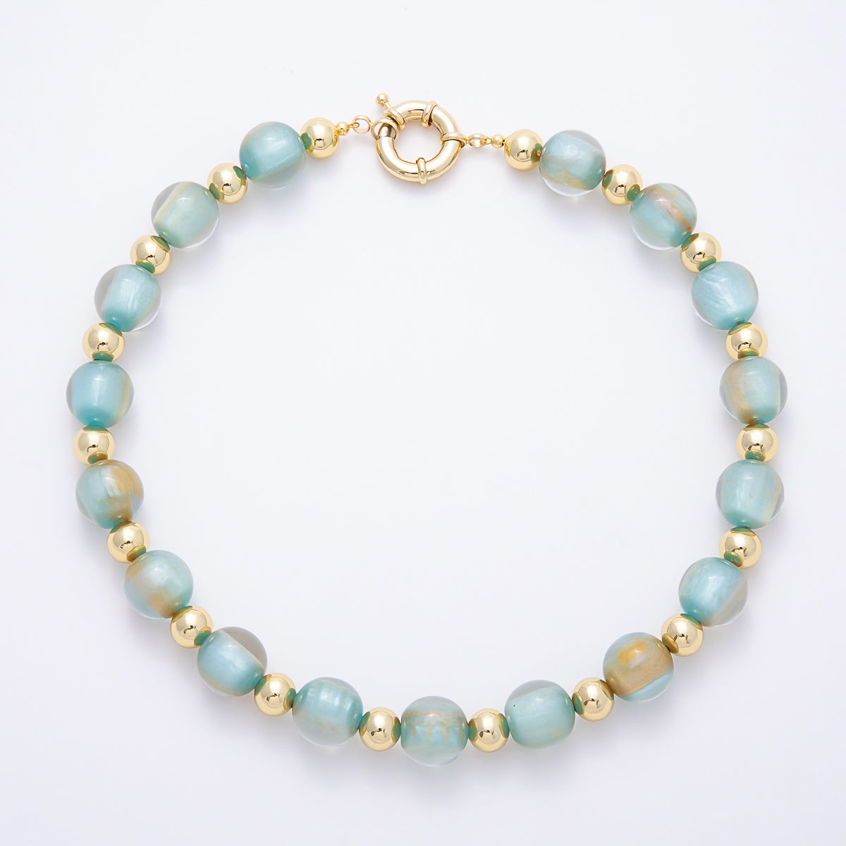 16K Gold Filled 16mm Multicolor Cat's Eye Glass Beads 19 Inch Necklace | WA-00385