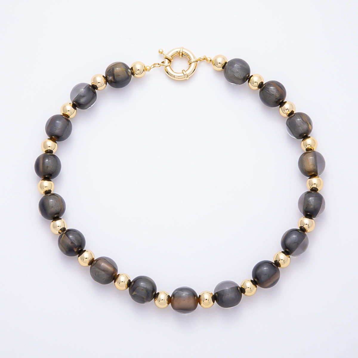 16K Gold Filled 16mm Multicolor Cat's Eye Glass Beads 19 Inch Necklace | WA-00385