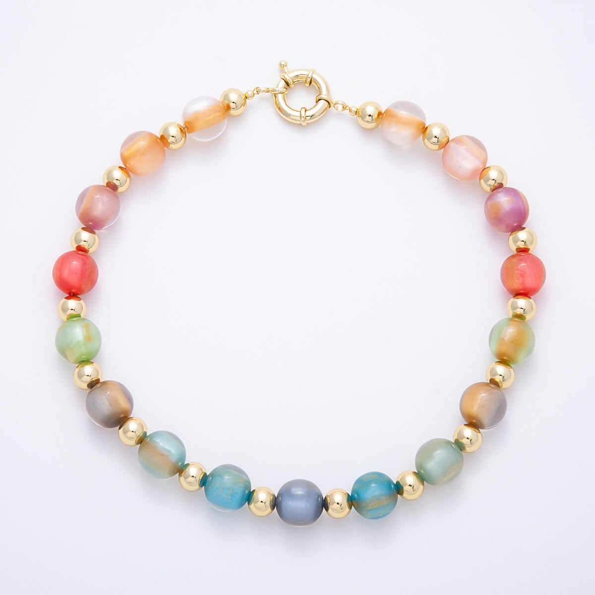 16K Gold Filled 16mm Multicolor Cat's Eye Glass Beads 19 Inch Necklace | WA-00385