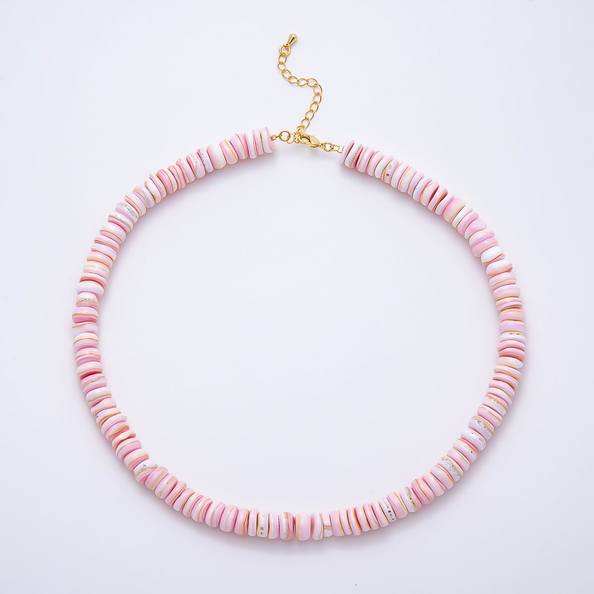 SUMMER 18K Gold Filled 9mm Pink Shell Heishi Rondelle Gemstone Chain 16 Inch Necklace w. Extender | WA-00398
