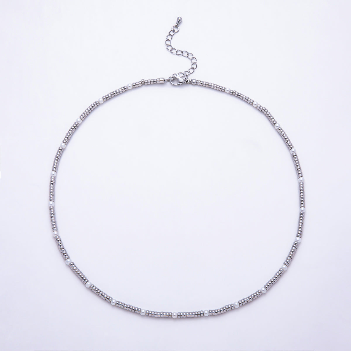 Silver 3mm Shell Pearl Round Ball Bead 16 Inch Choker Necklace | WA-00410