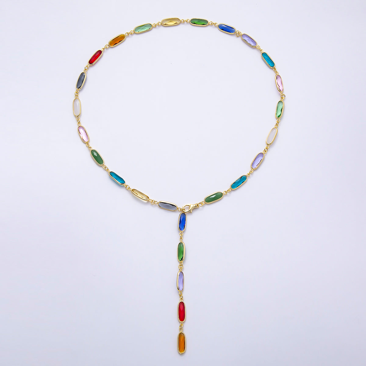 16K Gold Filled 7mm Multicolor Oval Bezel CZ Crystal Lariat 25 Inch Necklace | WA-00412