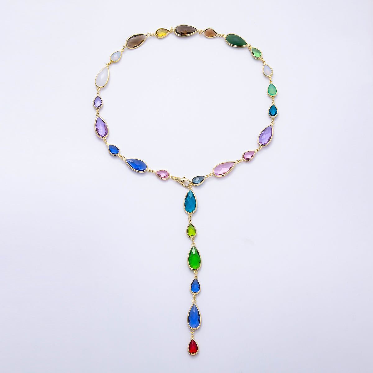 16K Gold Filled 11mm Multicolor Teardrop Bezel Station CZ Crystal Lariat 25 Inch Necklace | WA-00413