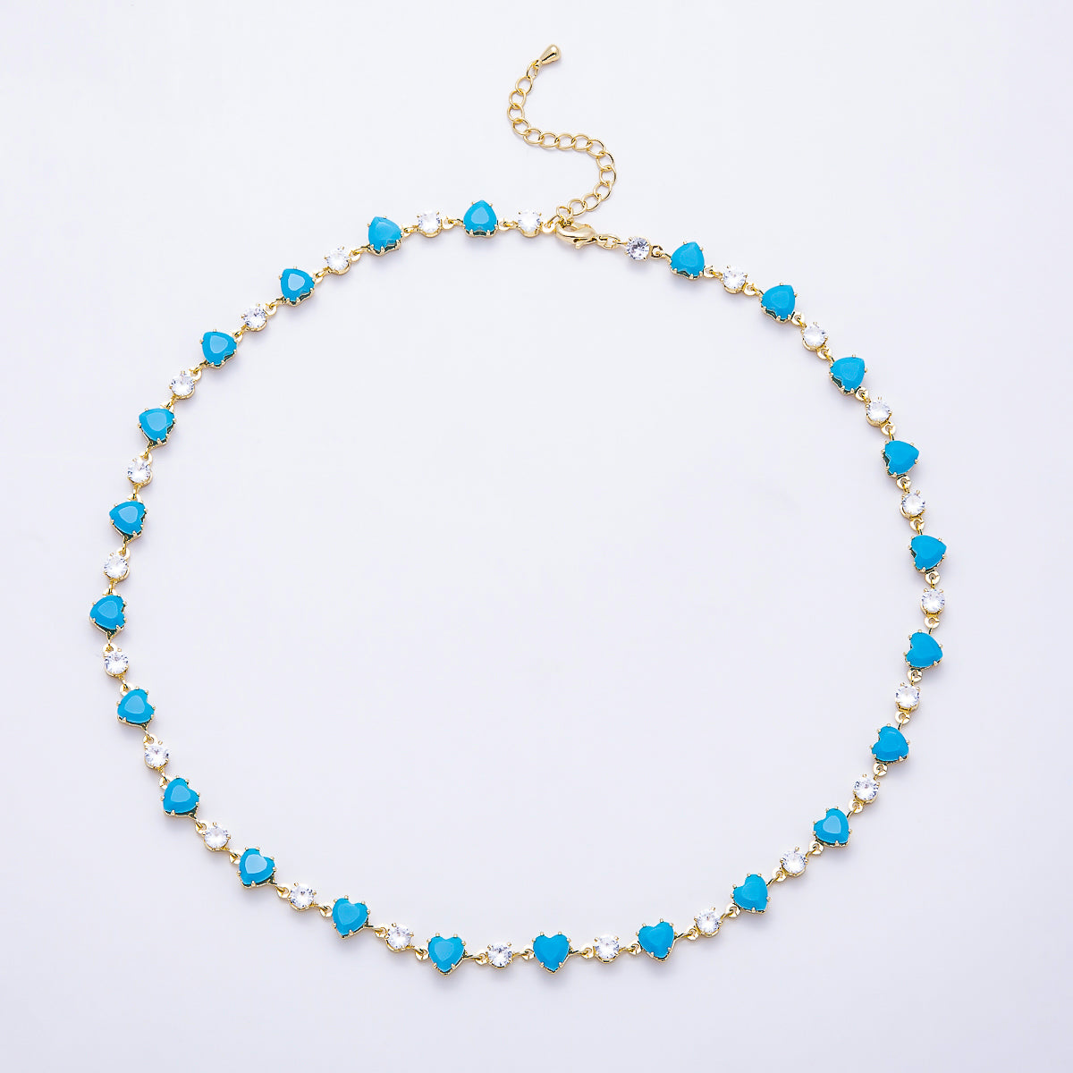 16K Gold Filled 6mm Heart Turquoise Round CZ Station Necklace and Bracelet Set | WA-00421