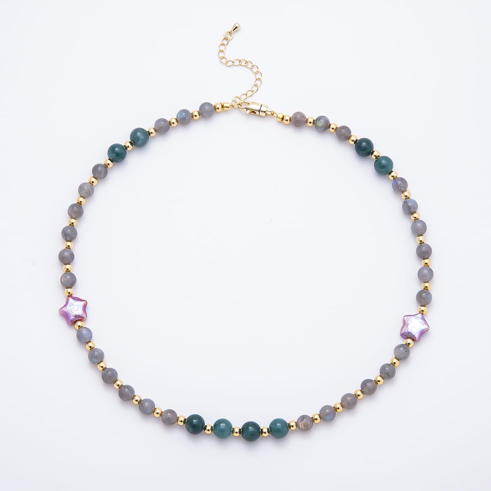 16K Gold Filled 6.5mm Purple Star Freshwater Pearl Aventurine Labradorite Round Gemstone Chain 17 Inch Necklace | WA-00422