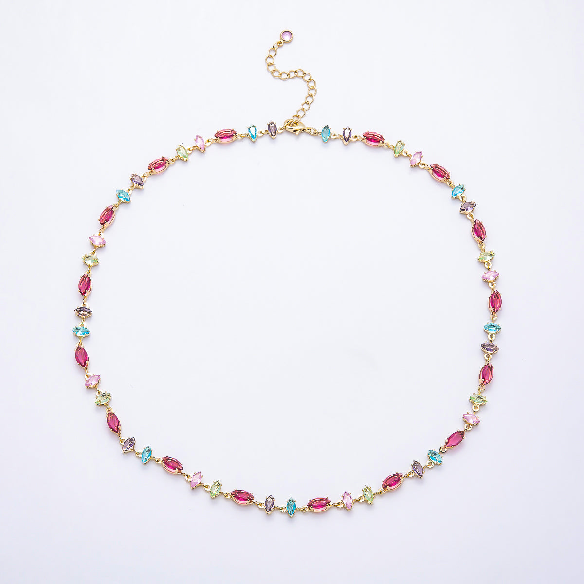 16K Gold Filled 6mm Multicolor Marquise CZ Station 17 Inch Necklace and Bracelet Set | WA-00426