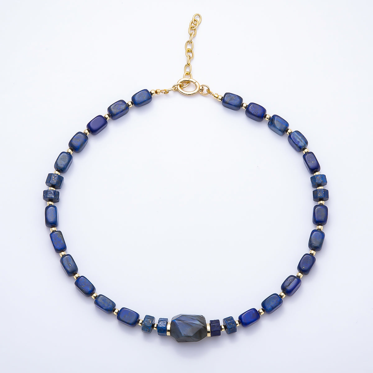 16K Gold Filled 10mm Lapis Lazuli Labradorite Tube Rectangle Gemstone Chain 19 Inch Necklace w. Push Gate Clasps | WA-00428