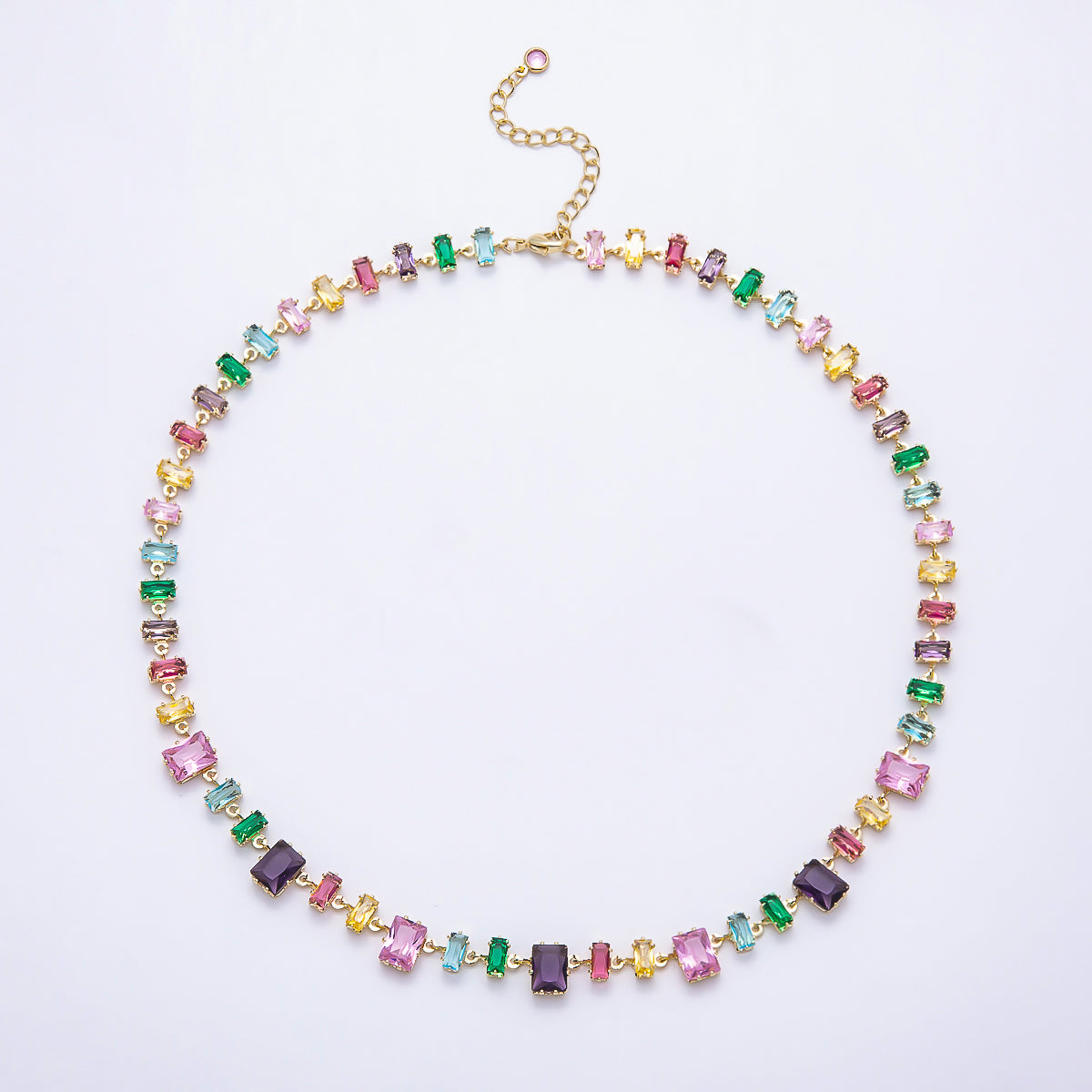 16K Gold Filled 9mm Multicolor Baguette CZ Station 17 Inch Necklace and Bracelet Set | WA-00429