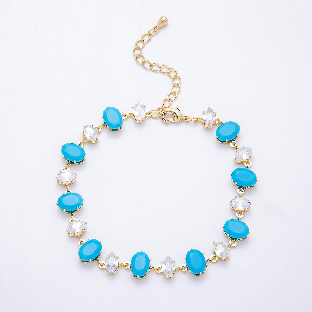 16K Gold Filled 9mm Oval Turquoise & Marquise CZ Station 17 Inch Necklace and Bracelet Set | WA-00418