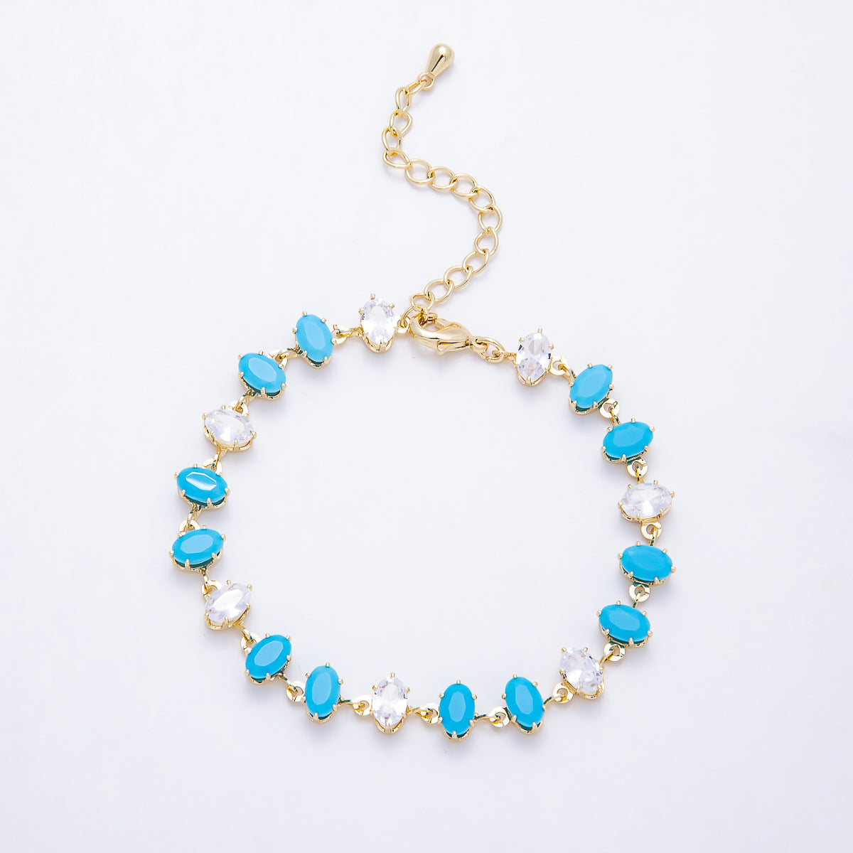 16K Gold Filled 7mm Double Turquoise Marquise CZ Station Necklace and Bracelet Set | WA-00419
