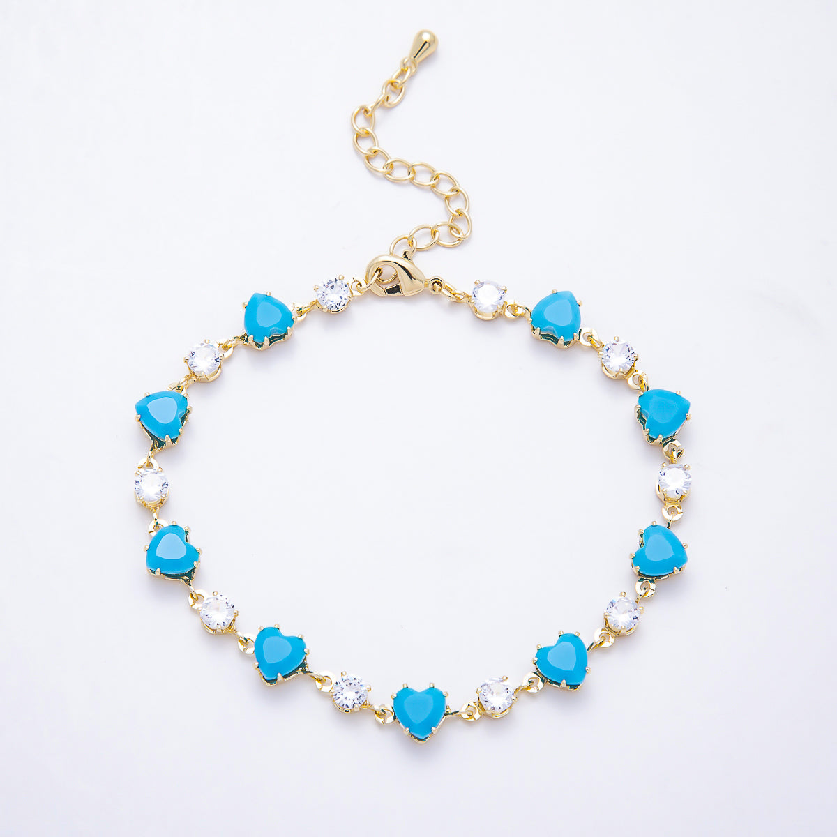16K Gold Filled 6mm Heart Turquoise Round CZ Station Necklace and Bracelet Set | WA-00421
